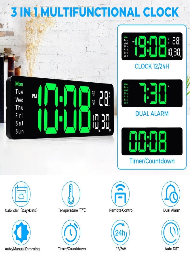 Sukeen Digital Clock, 13inch Digital Wall Clock, Wall Clock Digital Alarm Clock with Remote Control/Count Up & Down/10-Level Dimming/Dual Alarm/Date/Temperature for Home, Office, Gym Clock - Green - Image 2